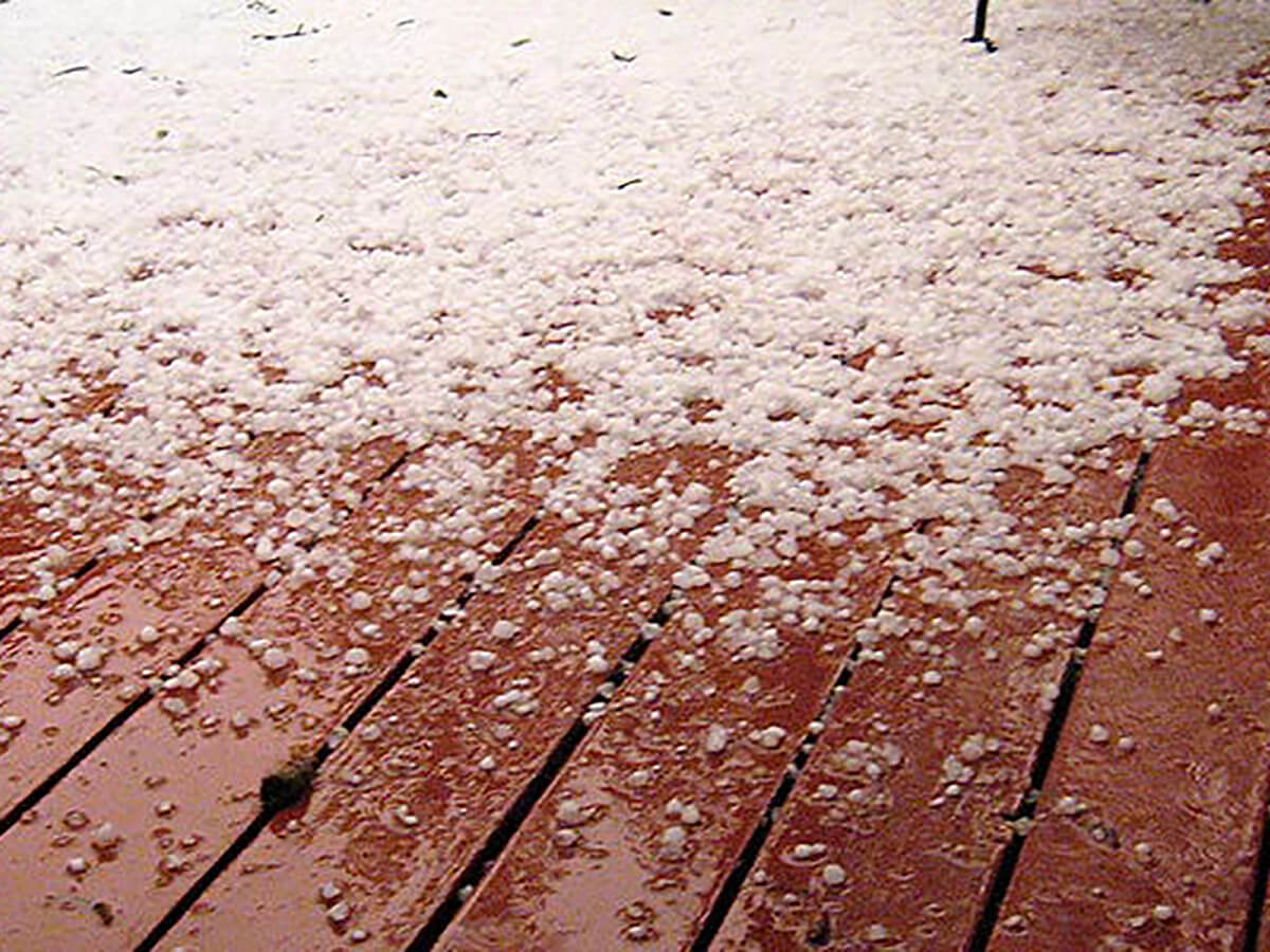 a deck covered in large hail