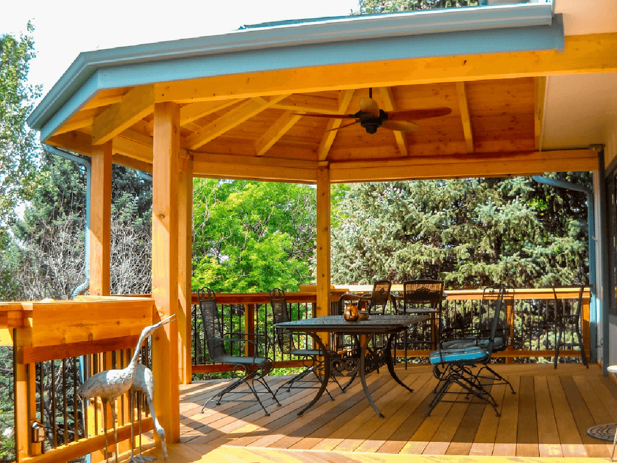 wood deck with a custom wood roof cover